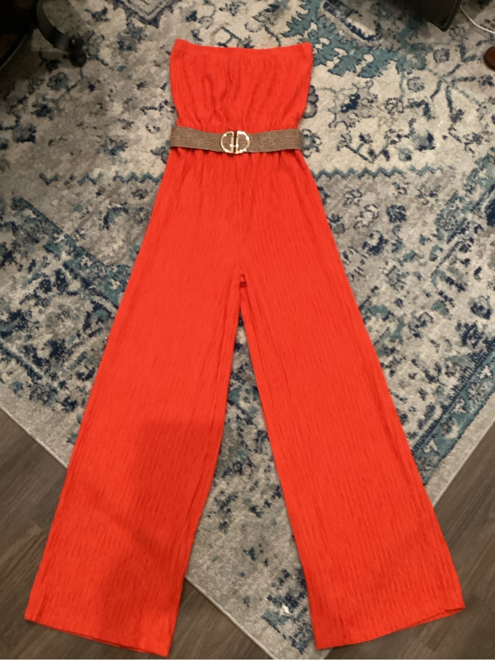 Strapless Wide-Leg Jumpsuit in Bright Orange with Gold Belt